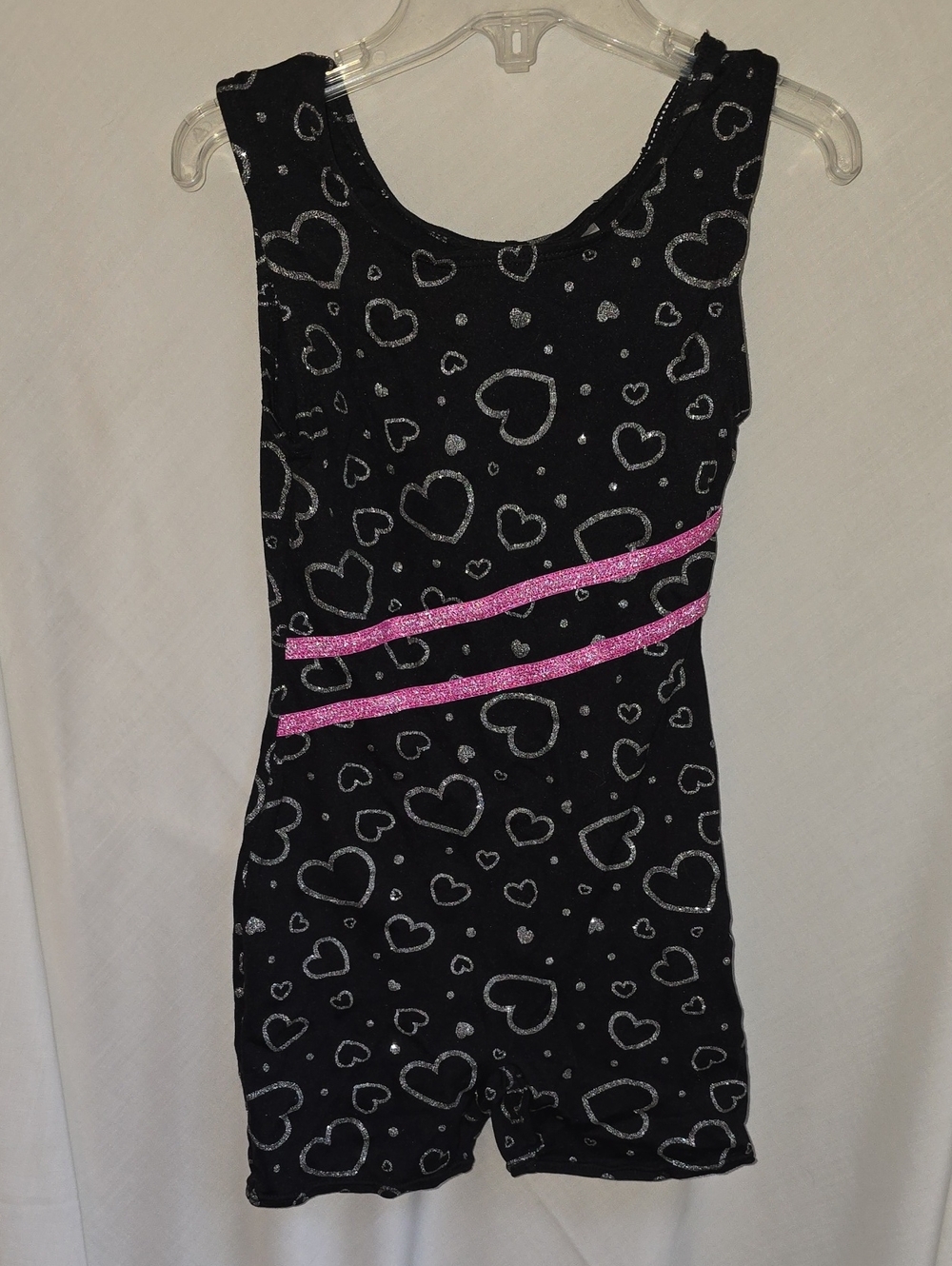 Jacques Moret Size 8/10 Black Dance Leotard w Silver Hearts & Pink Glitter Bands